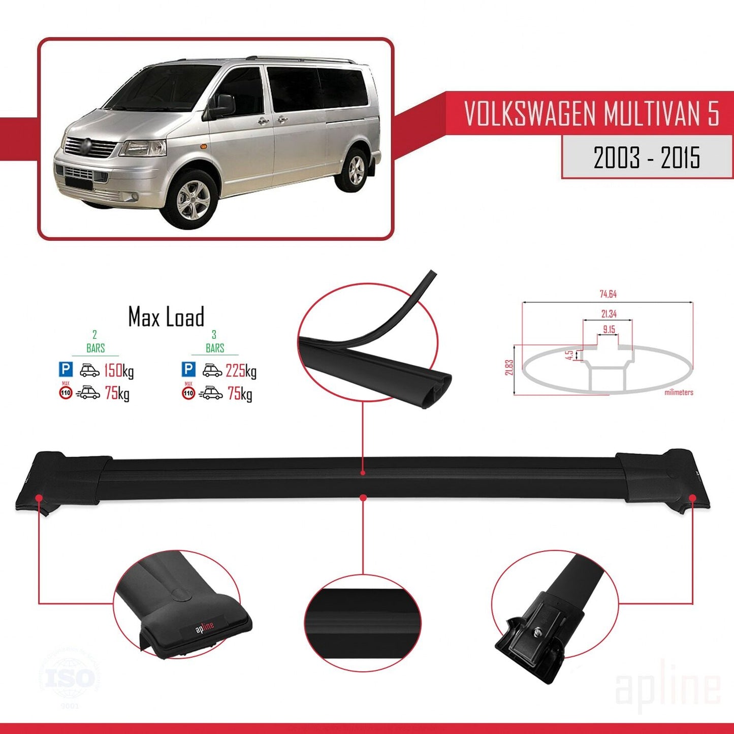 Compatible avec Volkswagen T5 Multivan 2003-2015 FLY Model Barres de Toit Railing Porte-Bagages de Voiture Noir Aluminium 2 Barres