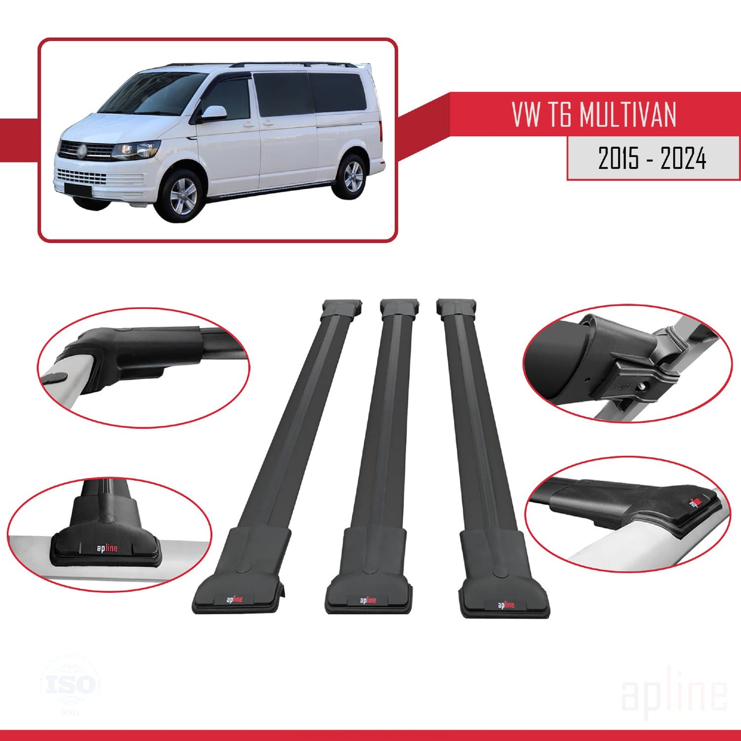 Compatible avec Volkswagen T6 Multivan 2015-2024 FLY Model Barres de Toit Railing Porte-Bagages de Voiture Noir Aluminium 3 Barres