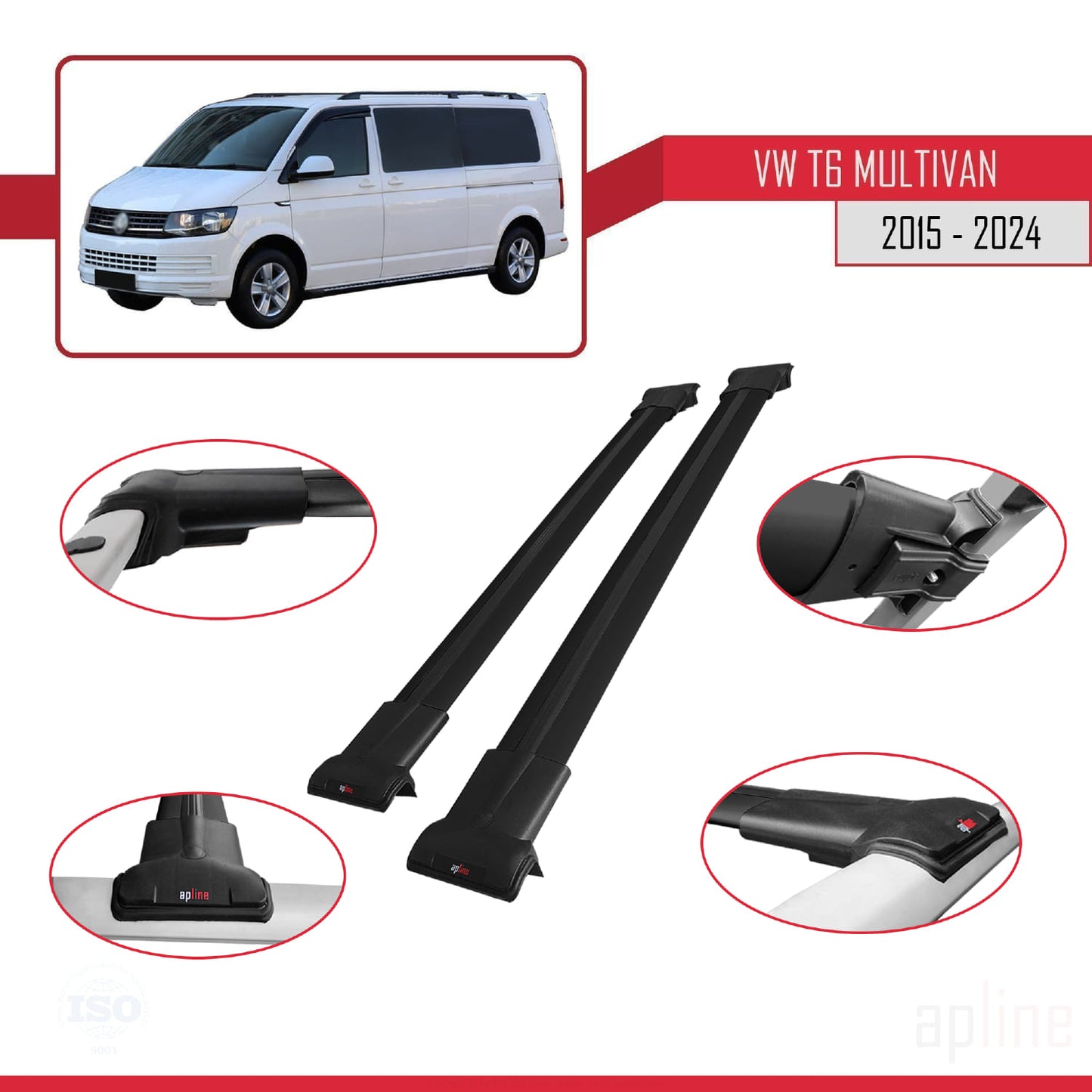 Compatible avec Volkswagen T6 Multivan 2015-2024 FLY Model Barres de Toit Railing Porte-Bagages de Voiture Noir Aluminium 2 Barres