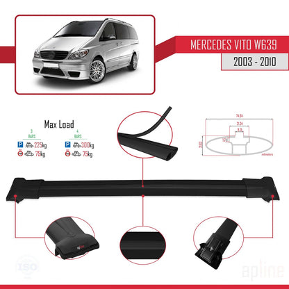 Compatible with Mercedes Vito 2 (W639) Pre-Facelift 2003-2010 FLY Model Car Roof Rack Cross Bar Black Aluminium 3 Bars