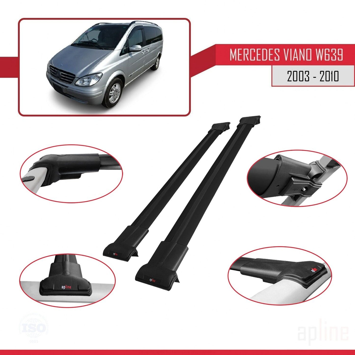 Compatible with Mercedes Viano 2 (W639) Pre-Facelift 2003-2010 FLY Model Car Roof Rack Cross Bar Black Aluminium 2 Bars