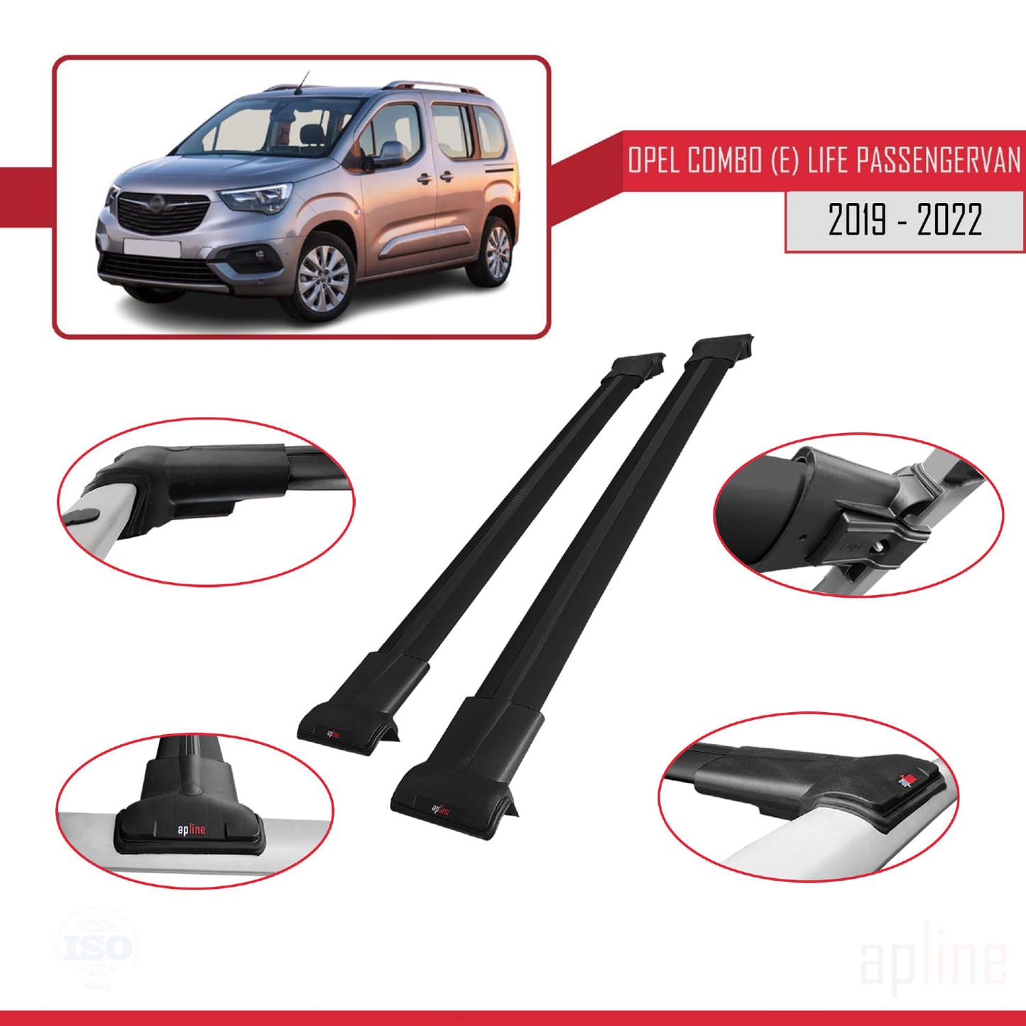 Compatible with Opel Combo E Cargo 2019-2022 FLY Model Car Roof Rack Cross Bar Black Aluminium 2 Bars