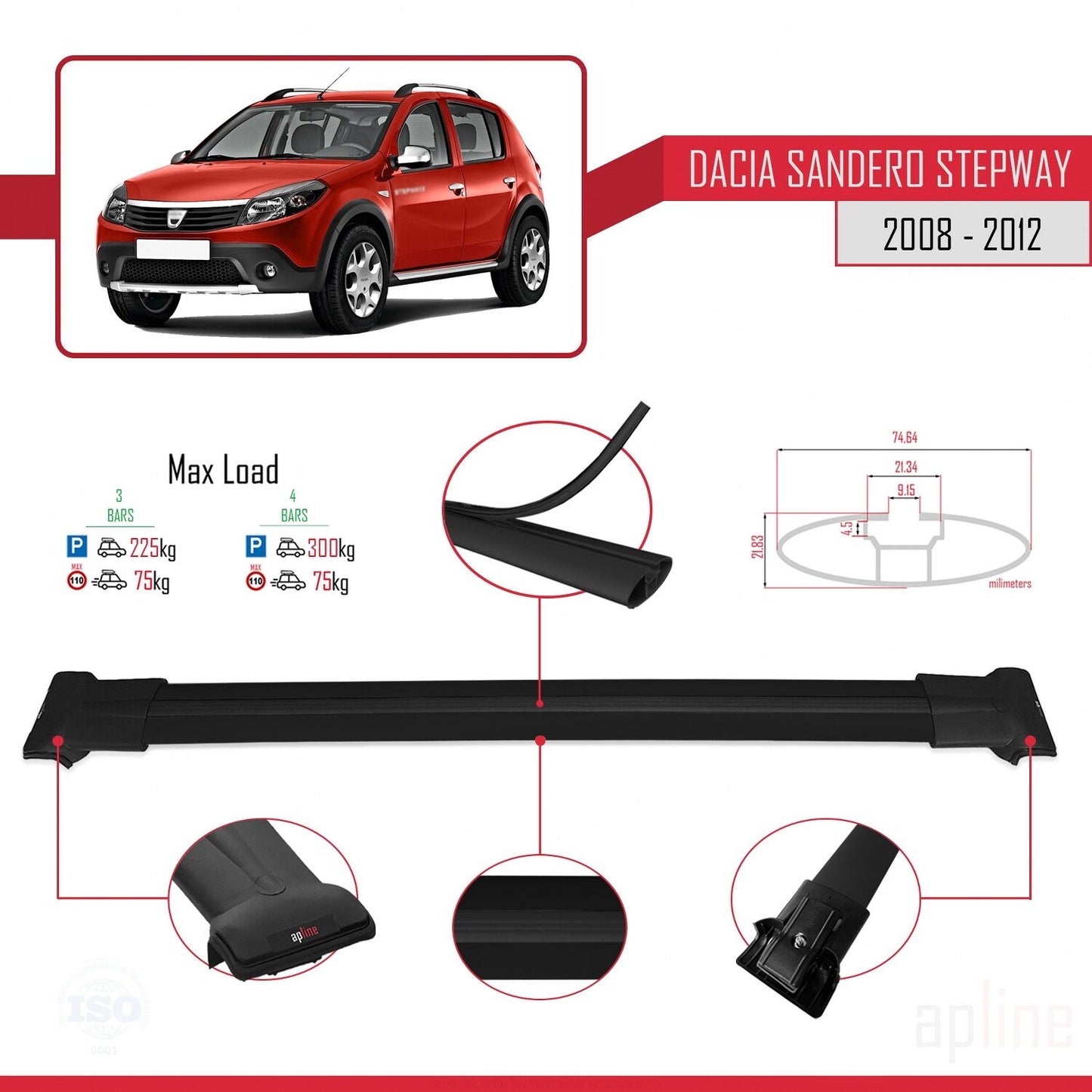 Kompatibel mit Dacia Sandero Stepway 2008-2012 FLY Modell Dachgepäckträger, Reling, Gepäckträger, schwarzes Aluminium, 3 Stangen