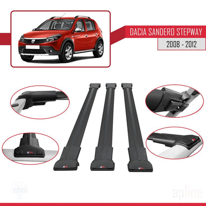 Kompatibel mit Dacia Sandero Stepway 2008-2012 FLY Modell Dachgepäckträger, Reling, Gepäckträger, schwarzes Aluminium, 3 Stangen