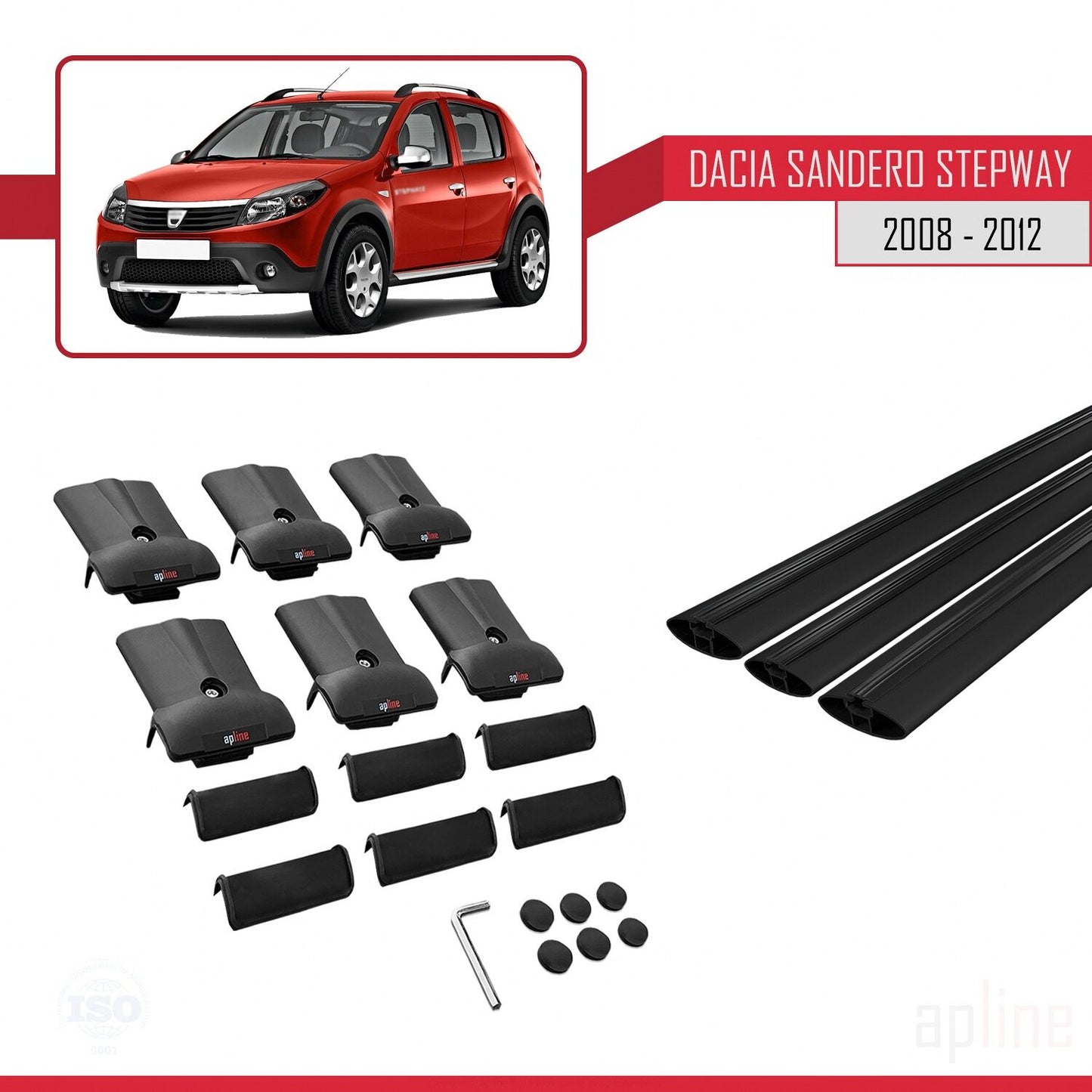 Kompatibel mit Dacia Sandero Stepway 2008-2012 FLY Modell Dachgepäckträger, Reling, Gepäckträger, schwarzes Aluminium, 3 Stangen