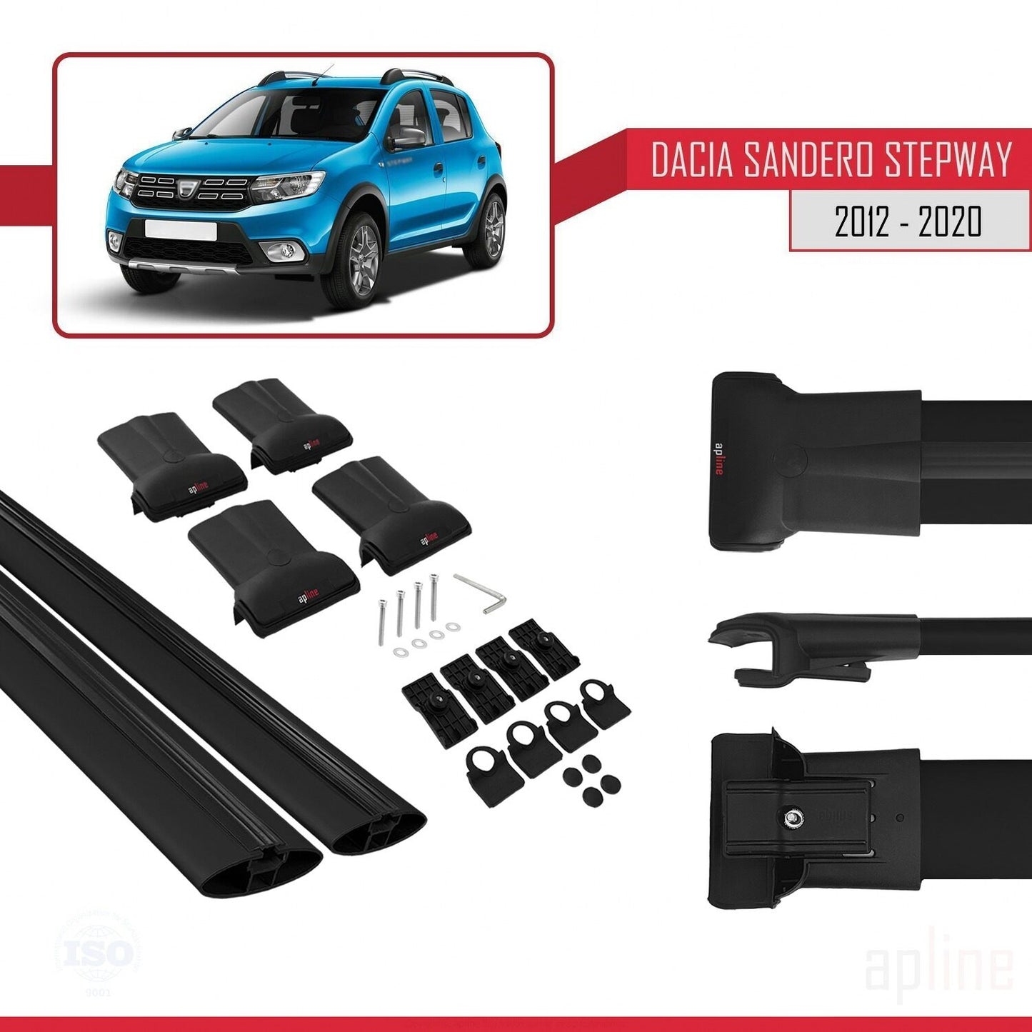 Kompatibel mit Dacia Sandero Stepway 2 2012-2020 FLY Modell Dachgepäckträger, schwarzes Aluminium, 2 Stangen