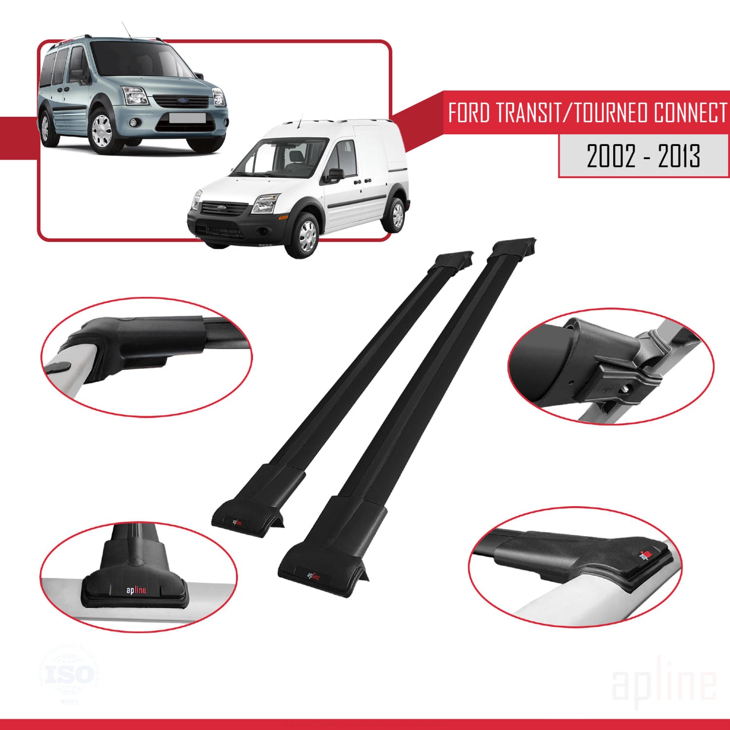 Compatible avec Ford Transit/Tourneo Connect 2002-2013 FLY Model Barres de Toit Railing Porte-Bagages de Voiture Noir Aluminium 2 Barres