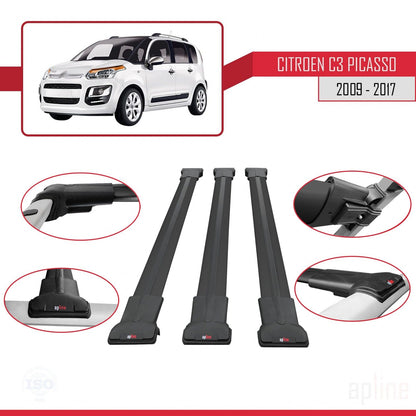 Kompatibel mit Citroen C3 Picasso 2009-2017 FLY Modell Dachgepäckträger, schwarzes Aluminium, 3 Stangen