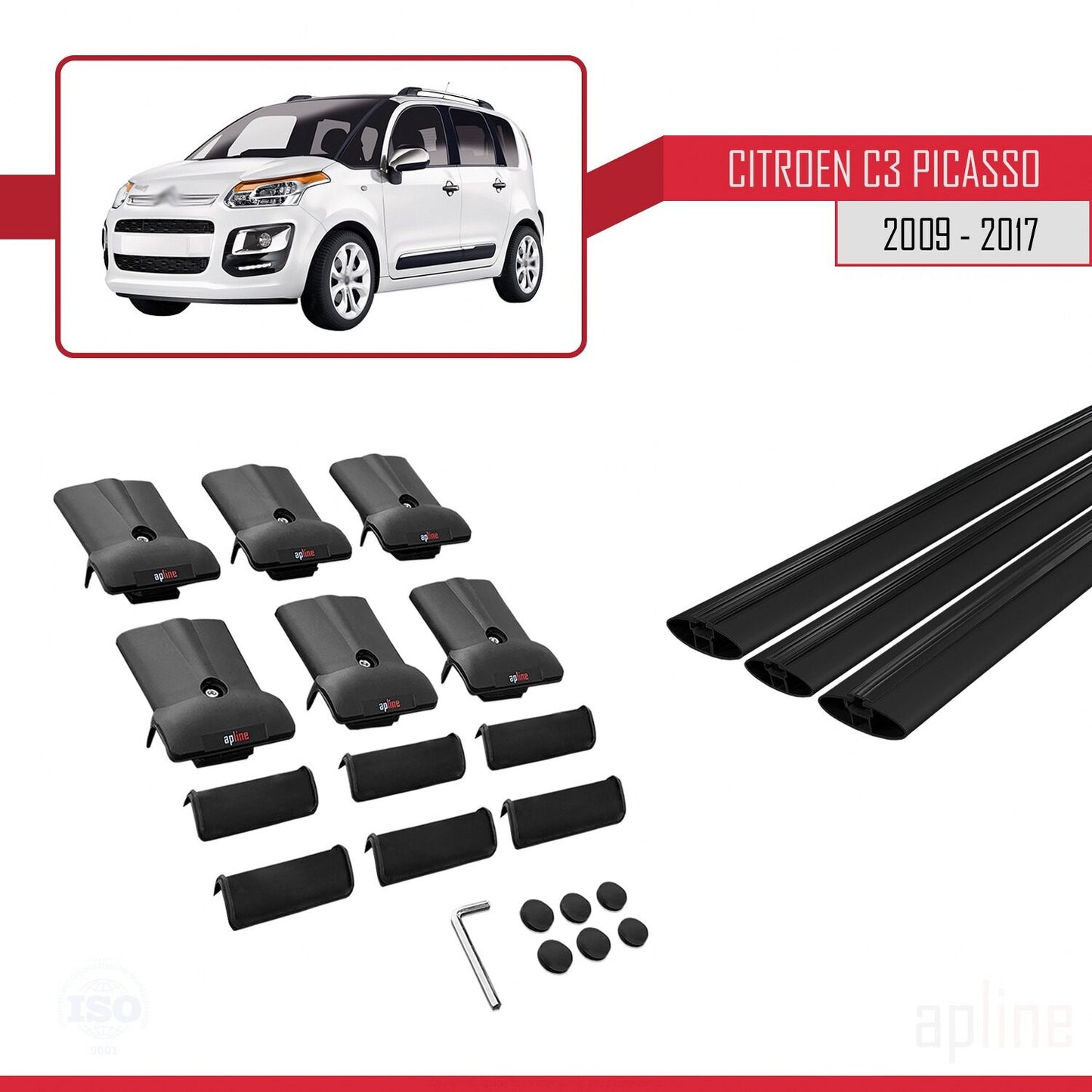 Kompatibel mit Citroen C3 Picasso 2009-2017 FLY Modell Dachgepäckträger, schwarzes Aluminium, 3 Stangen