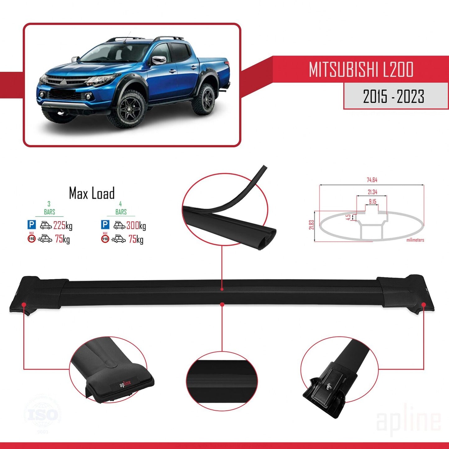 Compatible with Mitsubishi L200 V 2015-2023 FLY Model Car Roof Rack Cross Bar Black Aluminium 3 Bars