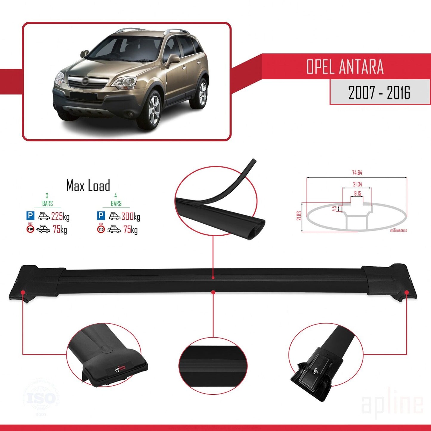 Compatible avec Opel Antara 2007-2016 FLY Model Barres de Toit Railing Porte-Bagages de Voiture Noir Aluminium 3 Barres