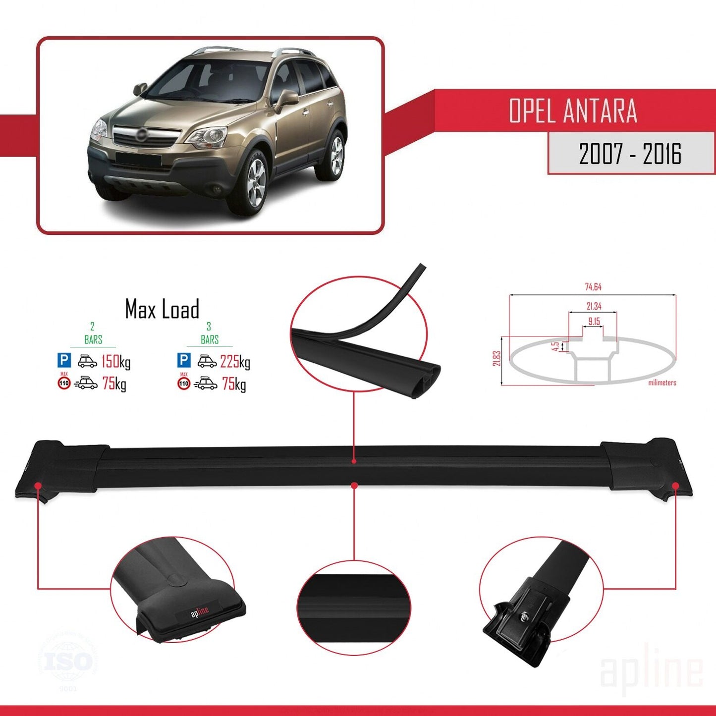Compatible avec Opel Antara 2007-2016 FLY Model Barres de Toit Railing Porte-Bagages de Voiture Noir Aluminium 2 Barres