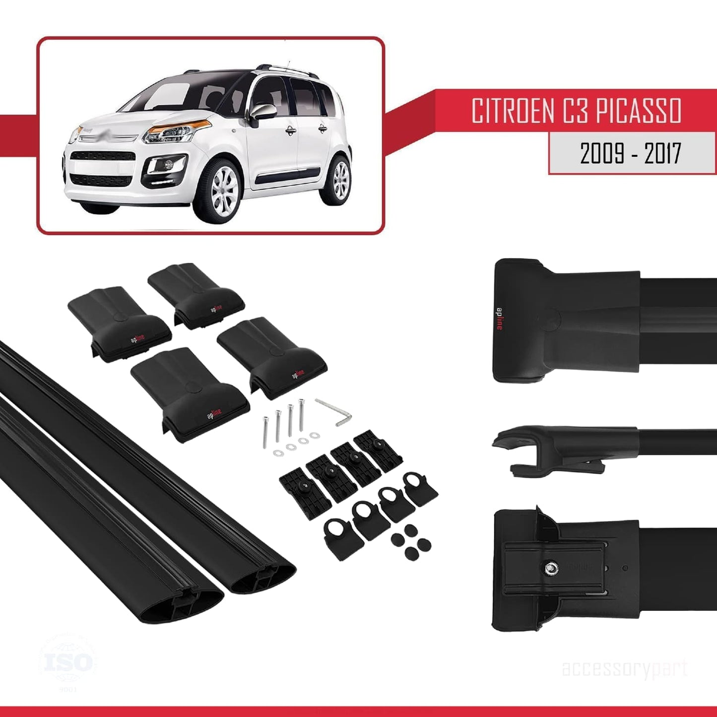 Kompatibel mit Citroen C3 Picasso 2009-2017 FLY Modell Dachgepäckträger, schwarzes Aluminium, 2 Stangen