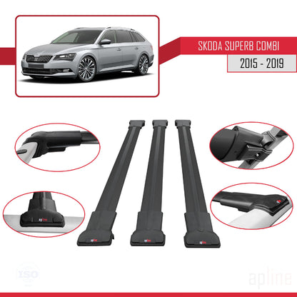 Compatible avec Skoda Superb 3 (3V) Break Pre-Facelift 2015-2019 FLY Model Barres de Toit Railing Porte-Bagages de Voiture Noir Aluminium 3 Barres
