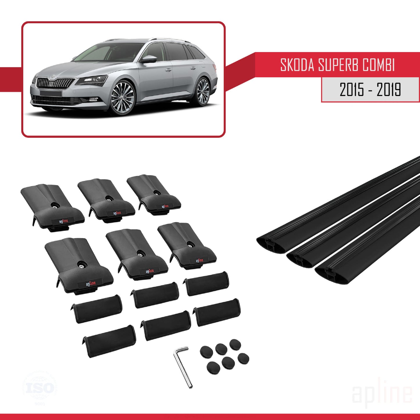 Compatible avec Skoda Superb 3 (3V) Break Pre-Facelift 2015-2019 FLY Model Barres de Toit Railing Porte-Bagages de Voiture Noir Aluminium 3 Barres