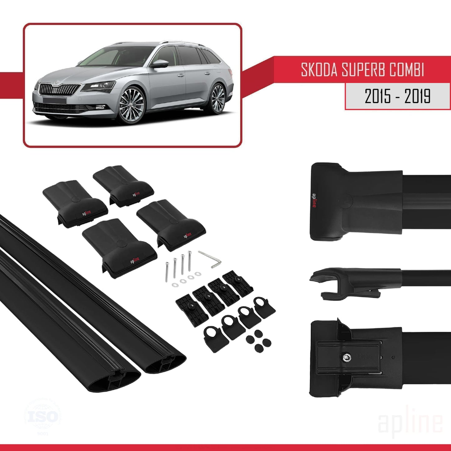 Compatible avec Skoda Superb 3 (3V) Break Pre-Facelift 2015-2019 FLY Model Barres de Toit Railing Porte-Bagages de Voiture Noir Aluminium 2 Barres