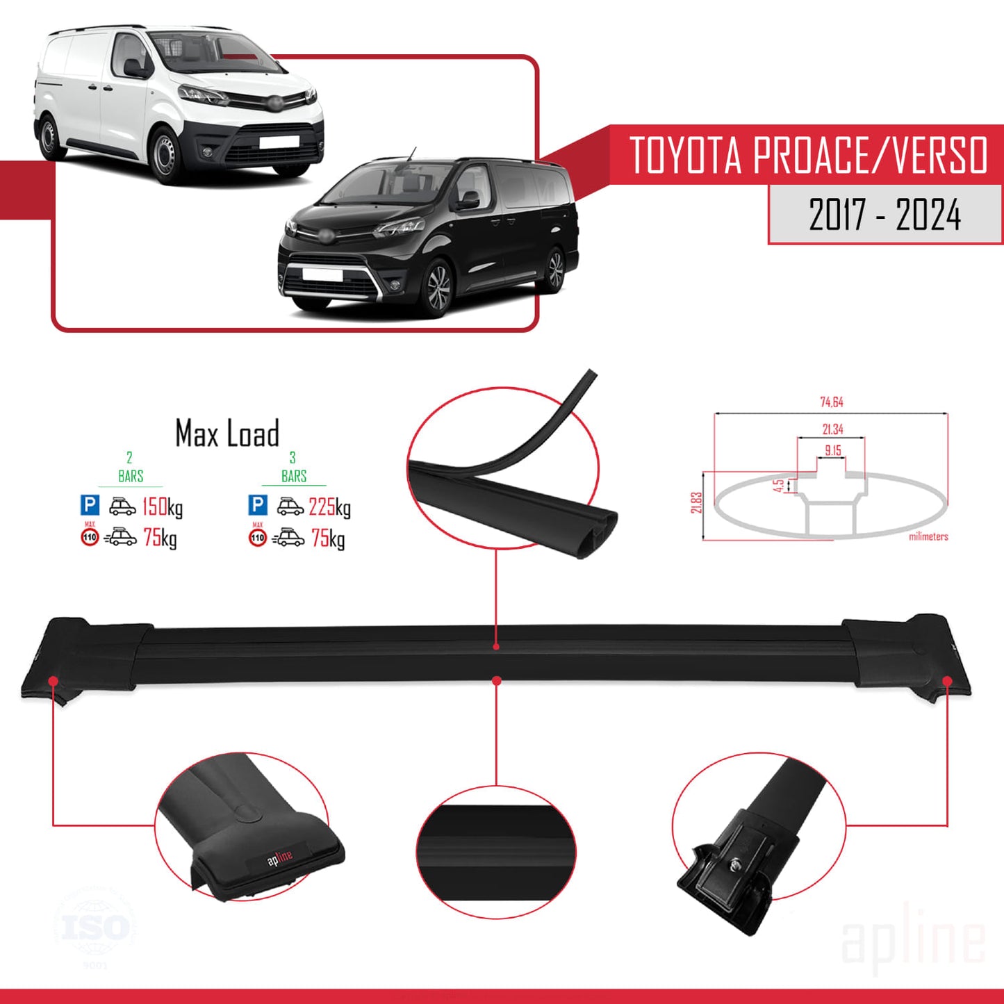 Compatible avec Toyota Proace 2017-2025 FLY Model Barres de Toit Railing Porte-Bagages de Voiture Noir Aluminium 2 Barres