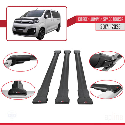 Kompatibel mit Citroen Jumpy 3 (K0) Space Tourer 2017-2025 FLY Modell Dachgepäckträger, schwarzes Aluminium, 3 Stangen