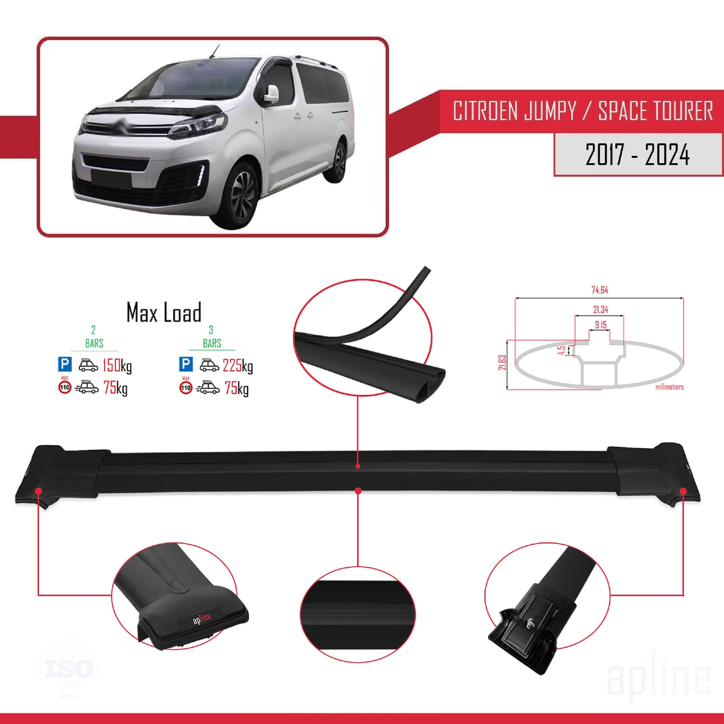 Compatible avec Citroen Jumpy 3 (K0) Space Tourer 2017-2025 FLY Model Barres de Toit Railing Porte-Bagages de Voiture Noir Aluminium 2 Barres