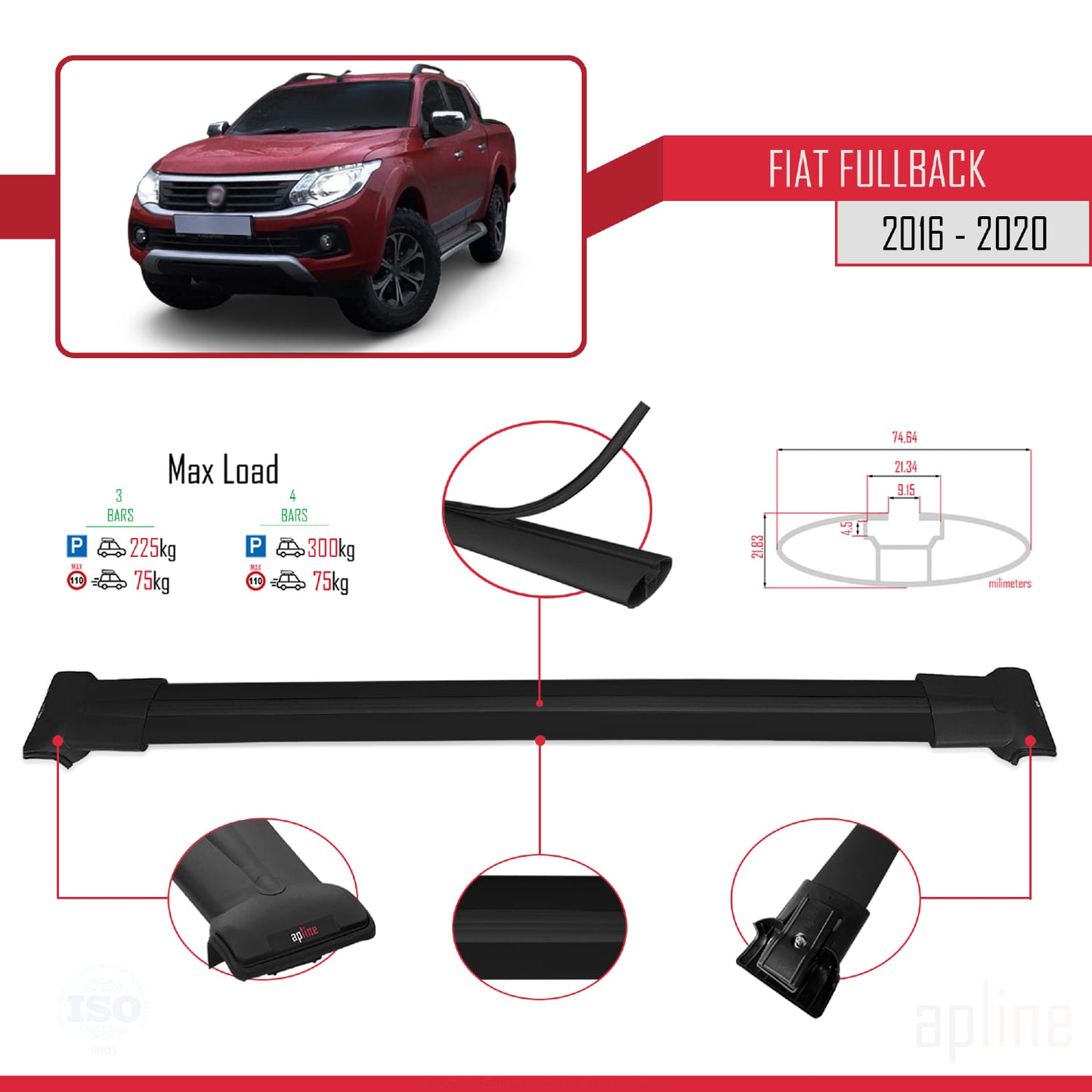 Compatible avec Fiat Fullback 2016-2020 FLY Model Barres de Toit Railing Porte-Bagages de Voiture Noir Aluminium 3 Barres