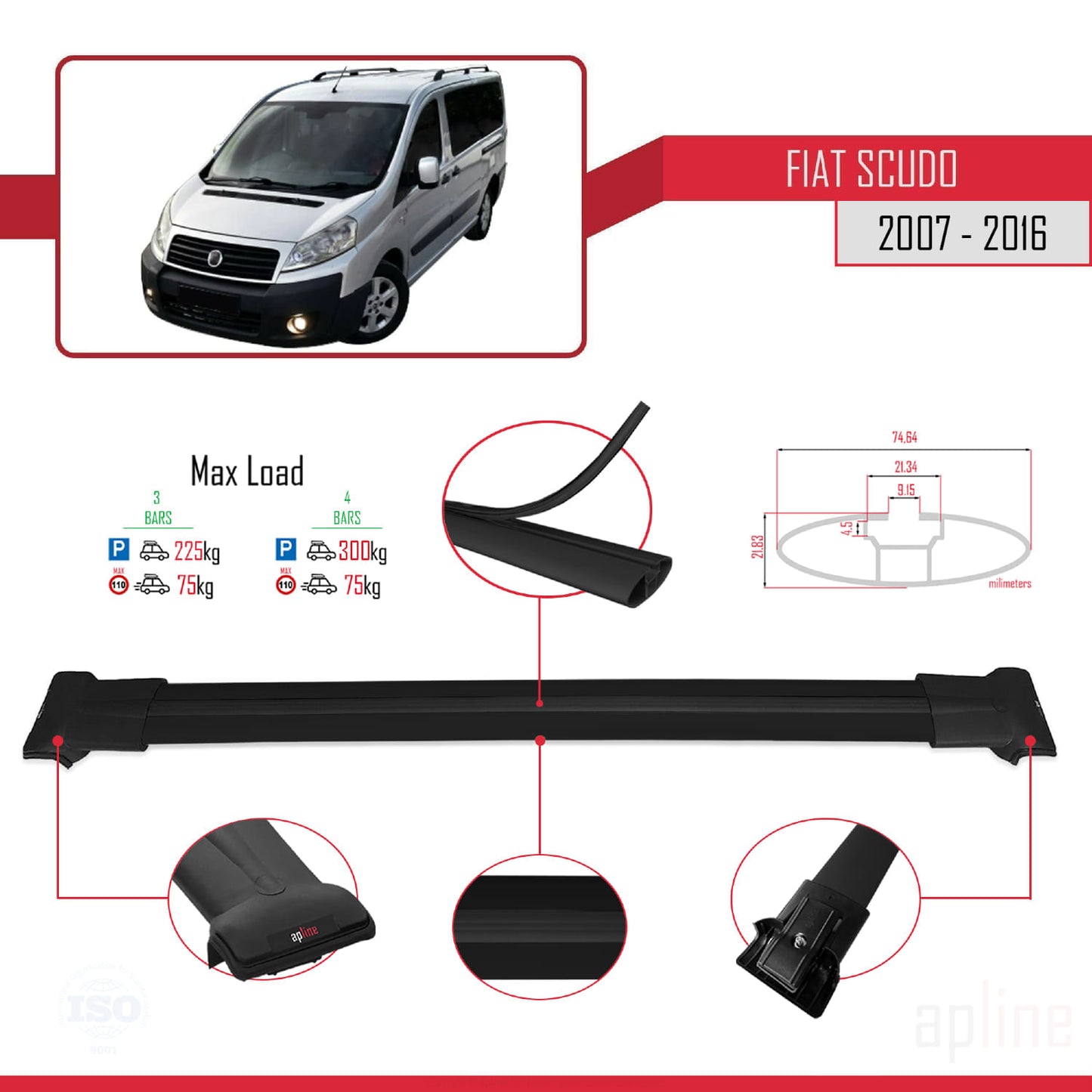 Kompatibel mit Fiat Scudo 2 2007-2016 FLY Modell Dachgepäckträger, schwarzes Aluminium, 4 Stangen