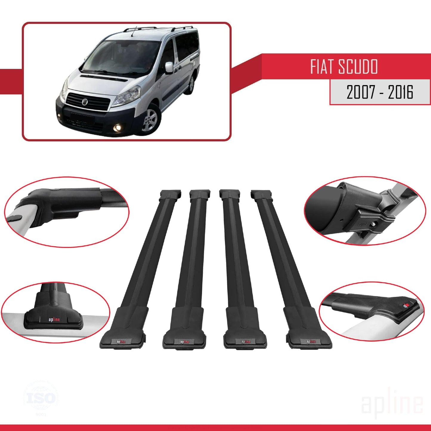 Kompatibel mit Fiat Scudo 2 2007-2016 FLY Modell Dachgepäckträger, schwarzes Aluminium, 4 Stangen
