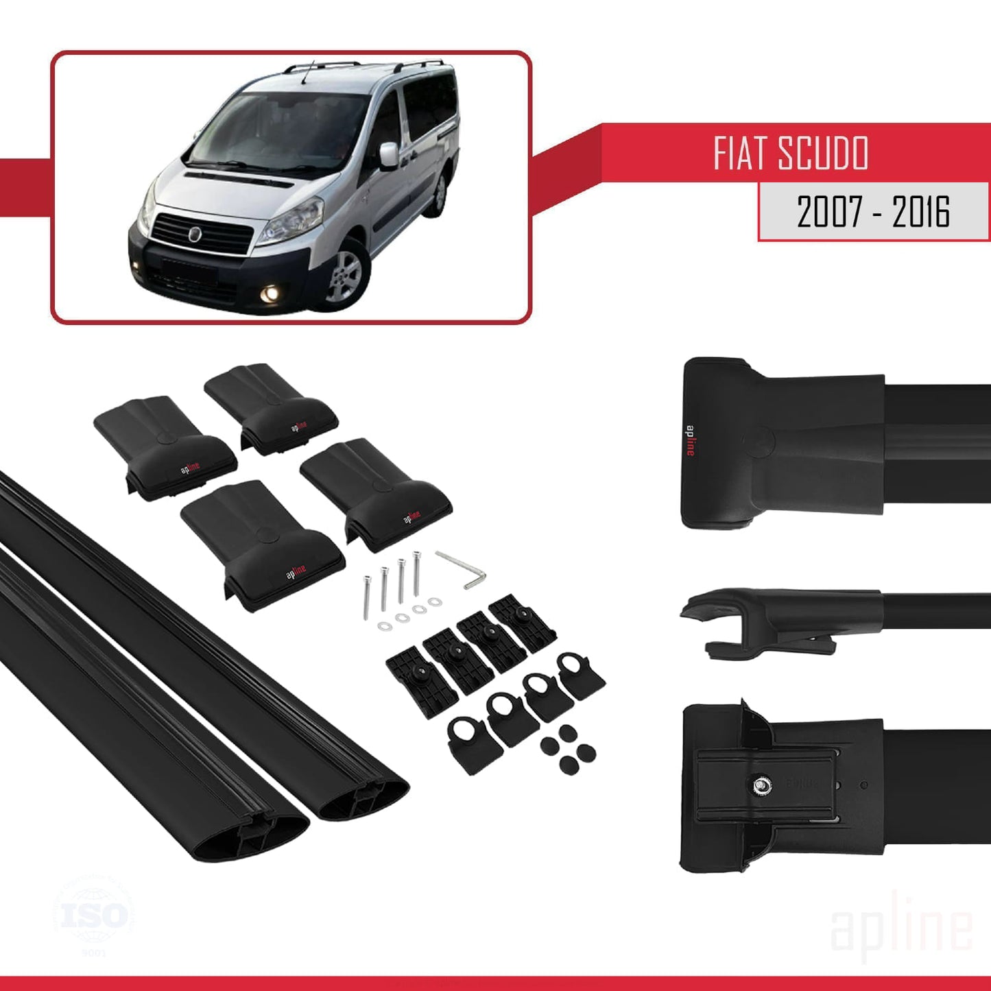 Kompatibel mit Fiat Scudo 2 2007-2016 FLY Modell Dachgepäckträger, schwarzes Aluminium, 2 Stangen
