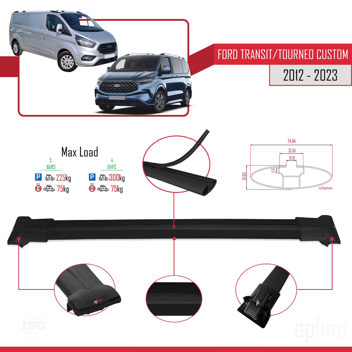 Compatible with Ford Transit/Tourneo Custom 2012-2023 FLY Model Car Roof Rack Cross Bar Black Aluminium 4 Bars