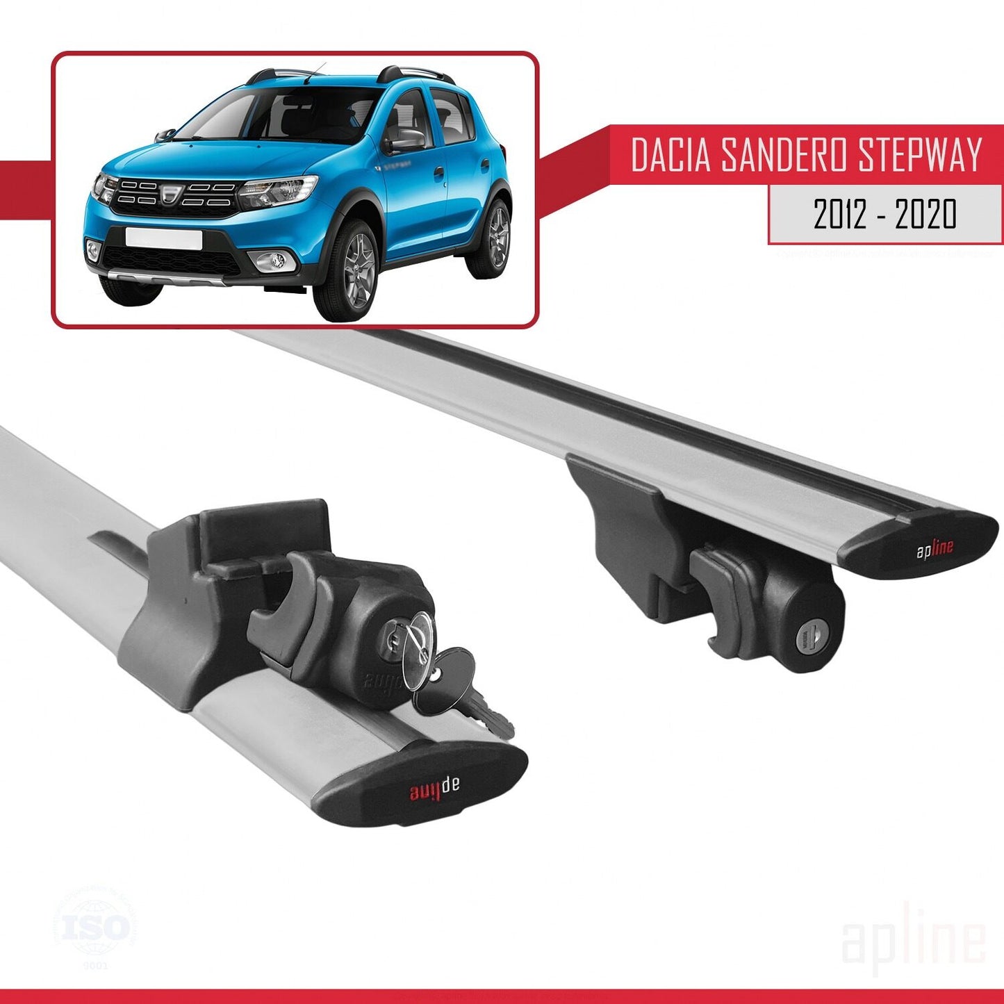 Kompatibel mit Dacia Sandero Stepway 2 2012-2020 HOOK Modell Dachgepäckträger, graues Aluminium, 2 Stangen