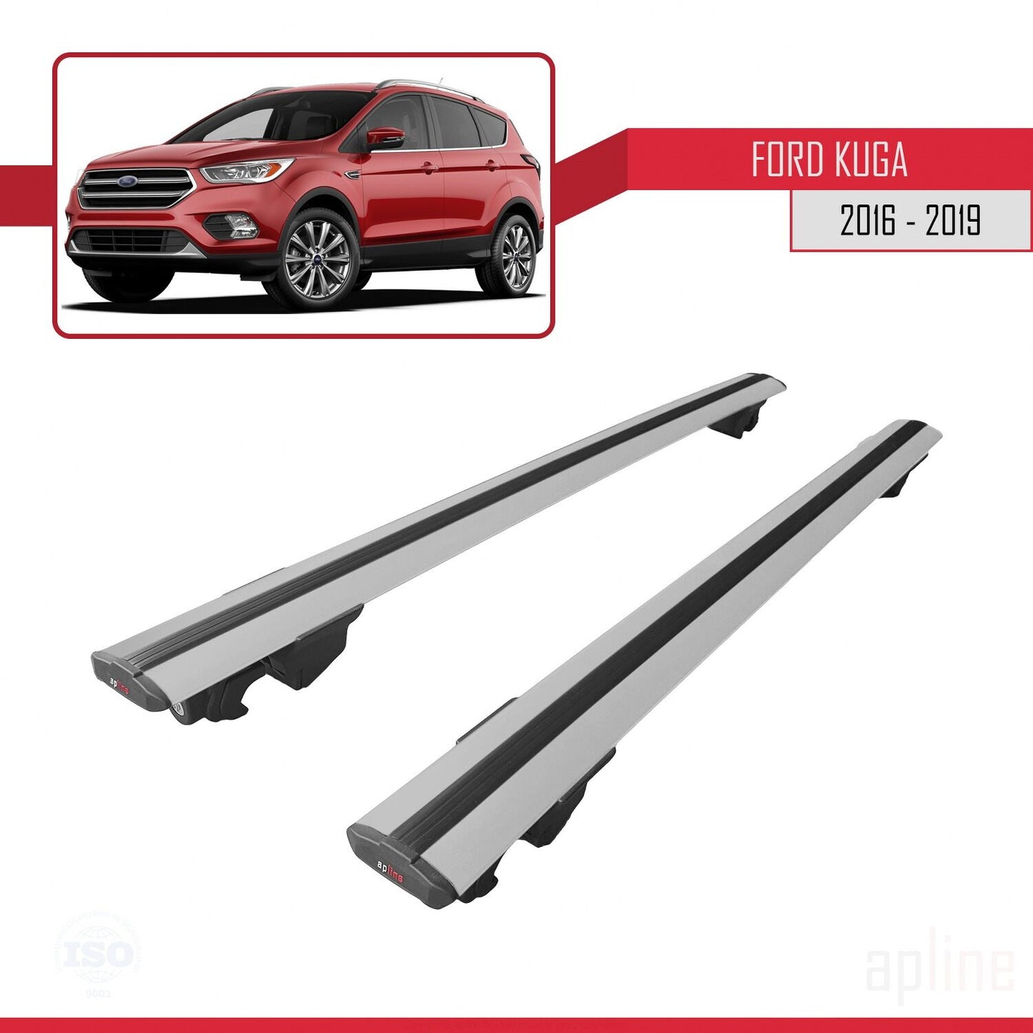 Compatible avec Ford Kuga 2 (C520) Post-Facelift 2016-2019 HOOK Model Barres de Toit Railing Porte-Bagages de Voiture Gris Aluminium 2 Barres