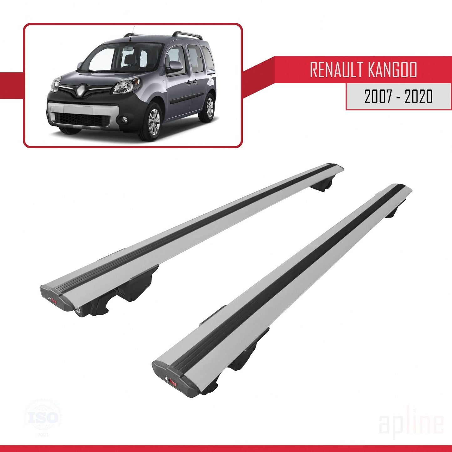 Compatible with Renault Kangoo 2 (X61) 2007-2020 HOOK Model Car Roof Rack Cross Bar Grey Aluminium 2 Bars