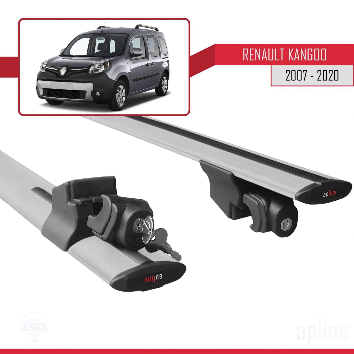 Compatible with Renault Kangoo 2 (X61) 2007-2020 HOOK Model Car Roof Rack Cross Bar Grey Aluminium 2 Bars
