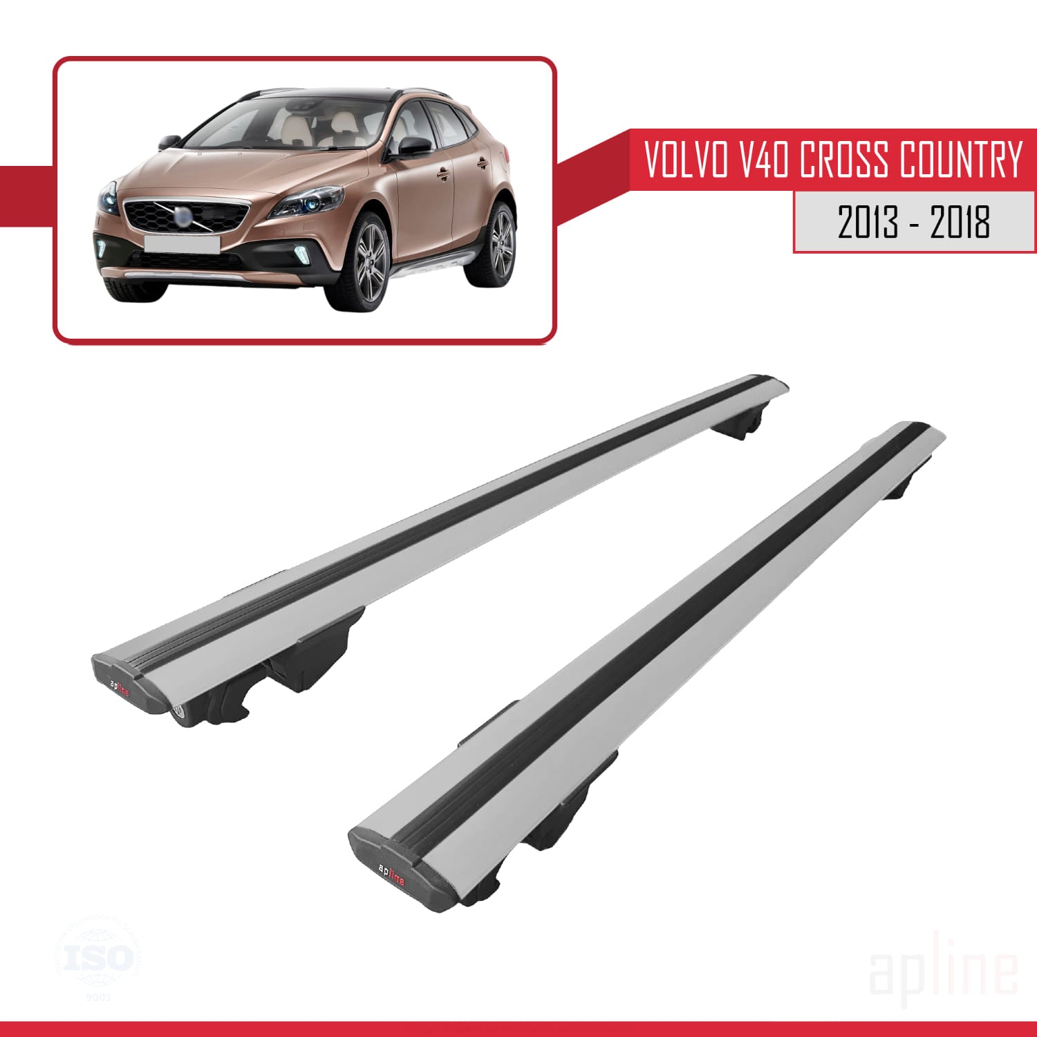 Compatible avec Volvo V40 Cross Country 2013-2018 HOOK Model Barres de Toit Railing Porte-Bagages de Voiture Gris Aluminium 2 Barres