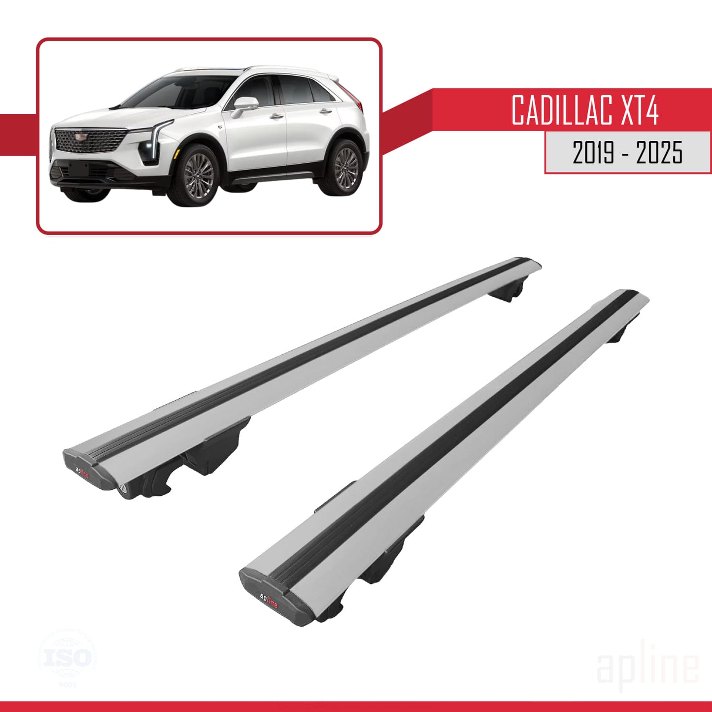 Kompatibel mit Cadillac XT4 2019-2025 HOOK Modell Dachgepäckträger, graues Aluminium, 2 Stangen