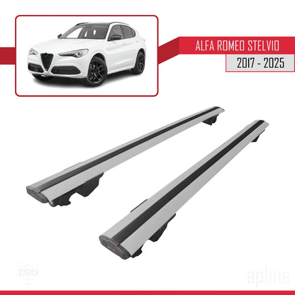 Kompatibel mit Alfa Romeo Stelvio (T949) 2017-2025 HOOK Modell Dachgepäckträger, graues Aluminium, 2 Stangen