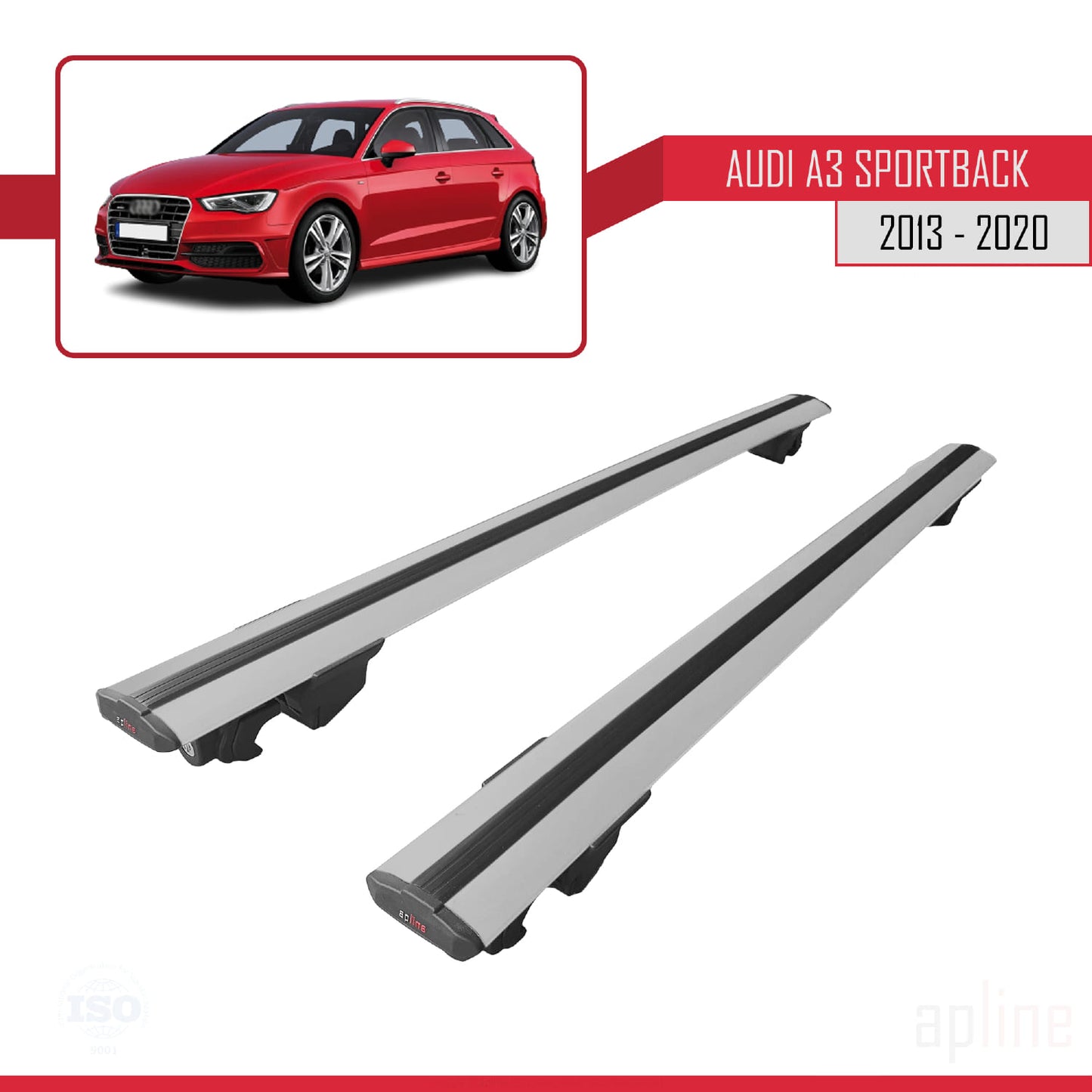 Kompatibel mit A3 (8V) Sportback 2013-2020 HOOK Model Relingträger Dachträger Auto Gepäckträger Grau Aluminium 2 Stangen