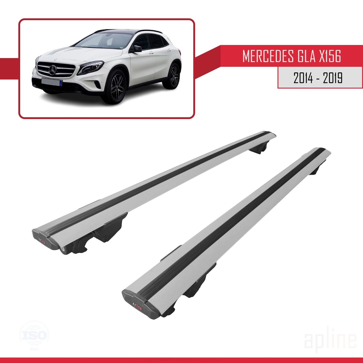 Compatible with Mercedes GLA Class (X156) 2014-2019 HOOK Model Car Roof Rack Cross Bar Grey Aluminium 2 Bars