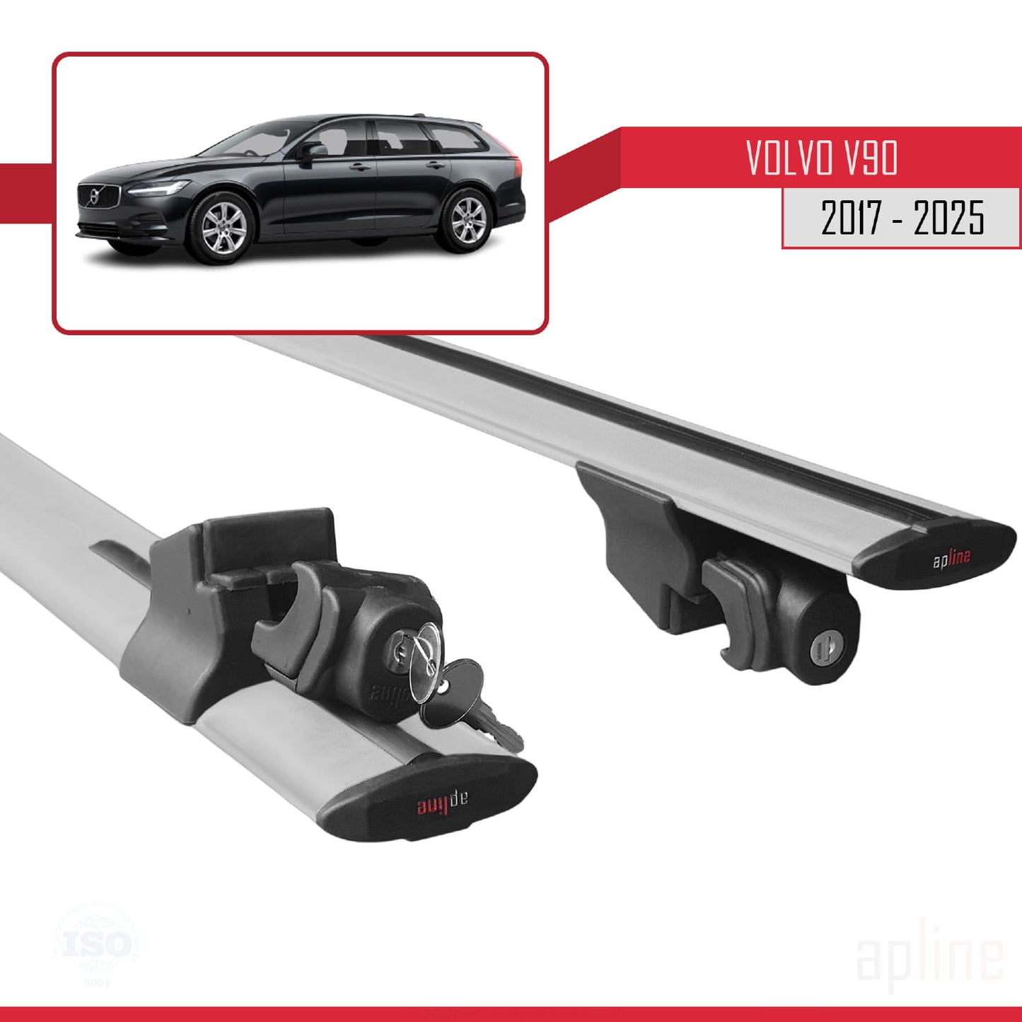 Compatible avec Volvo V90 2017-2025 HOOK Model Barres de Toit Railing Porte-Bagages de Voiture Gris Aluminium 2 Barres