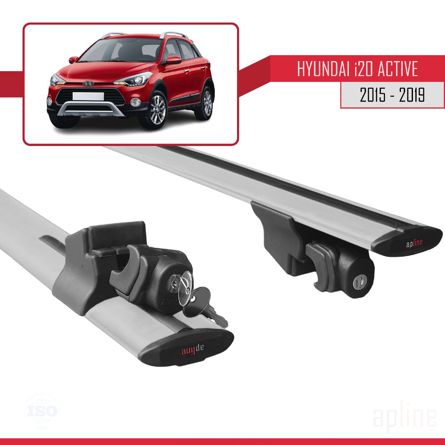 Compatible with Hyundai i20 II Active 2015-2019 HOOK Model Car Roof Rack Cross Bar Grey Aluminium 2 Bars