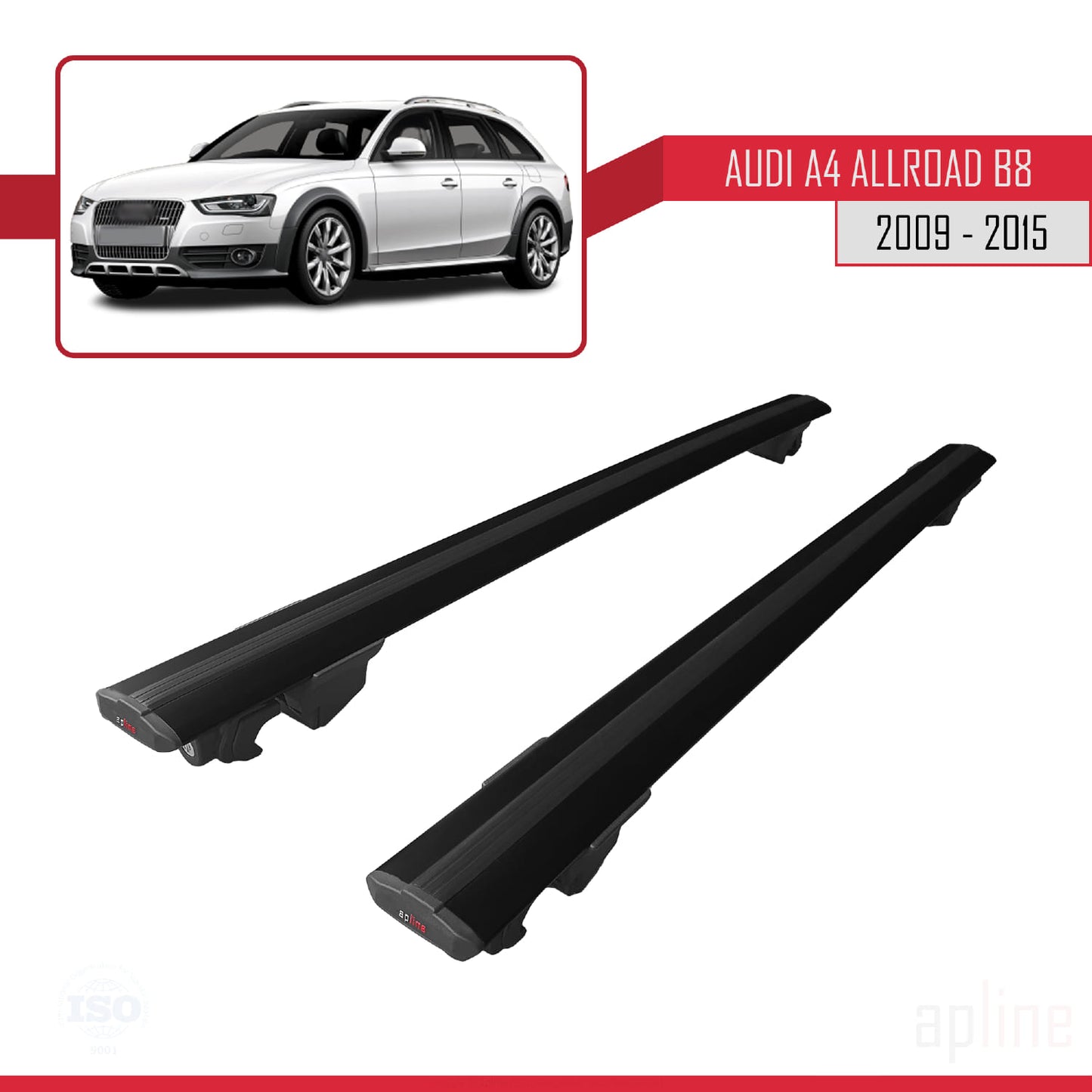 Kompatibel mit A4 (B8) Allroad 2009-2015 HOOK Modell Dachgepäckträger, schwarzes Aluminium, 2 Stangen