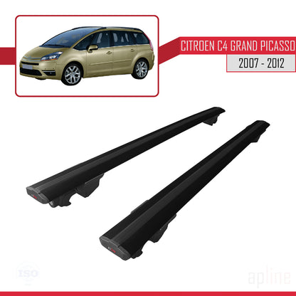 Kompatibel mit Citroen Grand C4 Picasso 2007-2012 HOOK Modell Dachgepäckträger, schwarzes Aluminium, 2 Stangen
