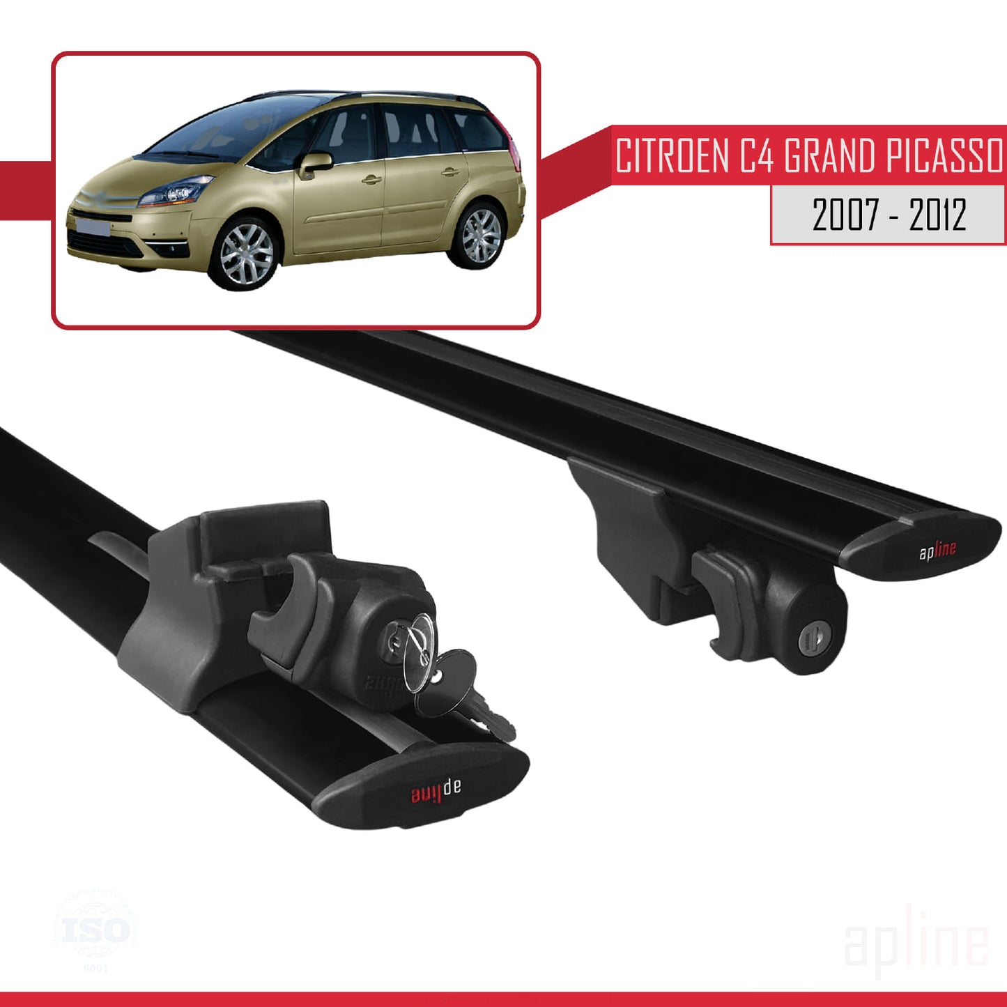 Kompatibel mit Citroen Grand C4 Picasso 2007-2012 HOOK Modell Dachgepäckträger, schwarzes Aluminium, 2 Stangen