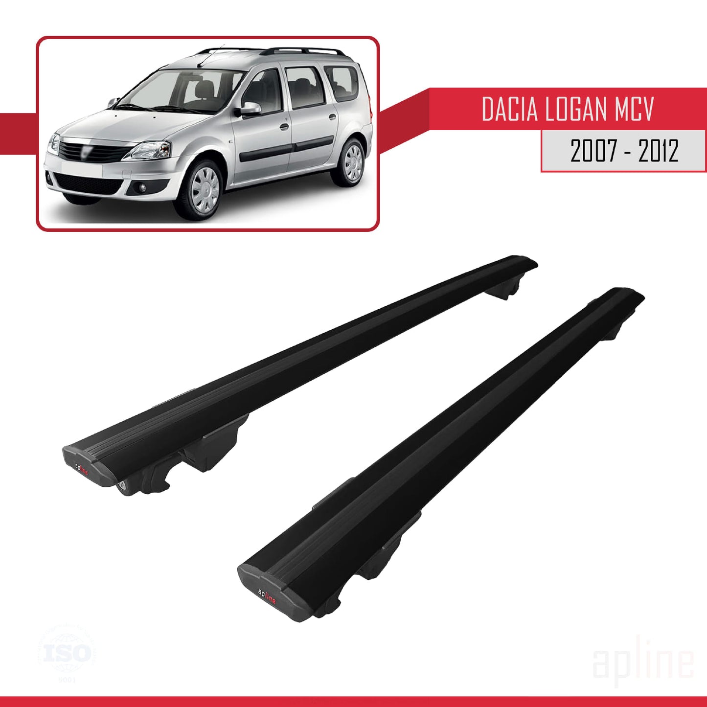 Kompatibel mit Dacia Logan 2 MCV (K52) 2007-2012 HOOK Modell Dachgepäckträger, schwarzes Aluminium, 2 Stangen