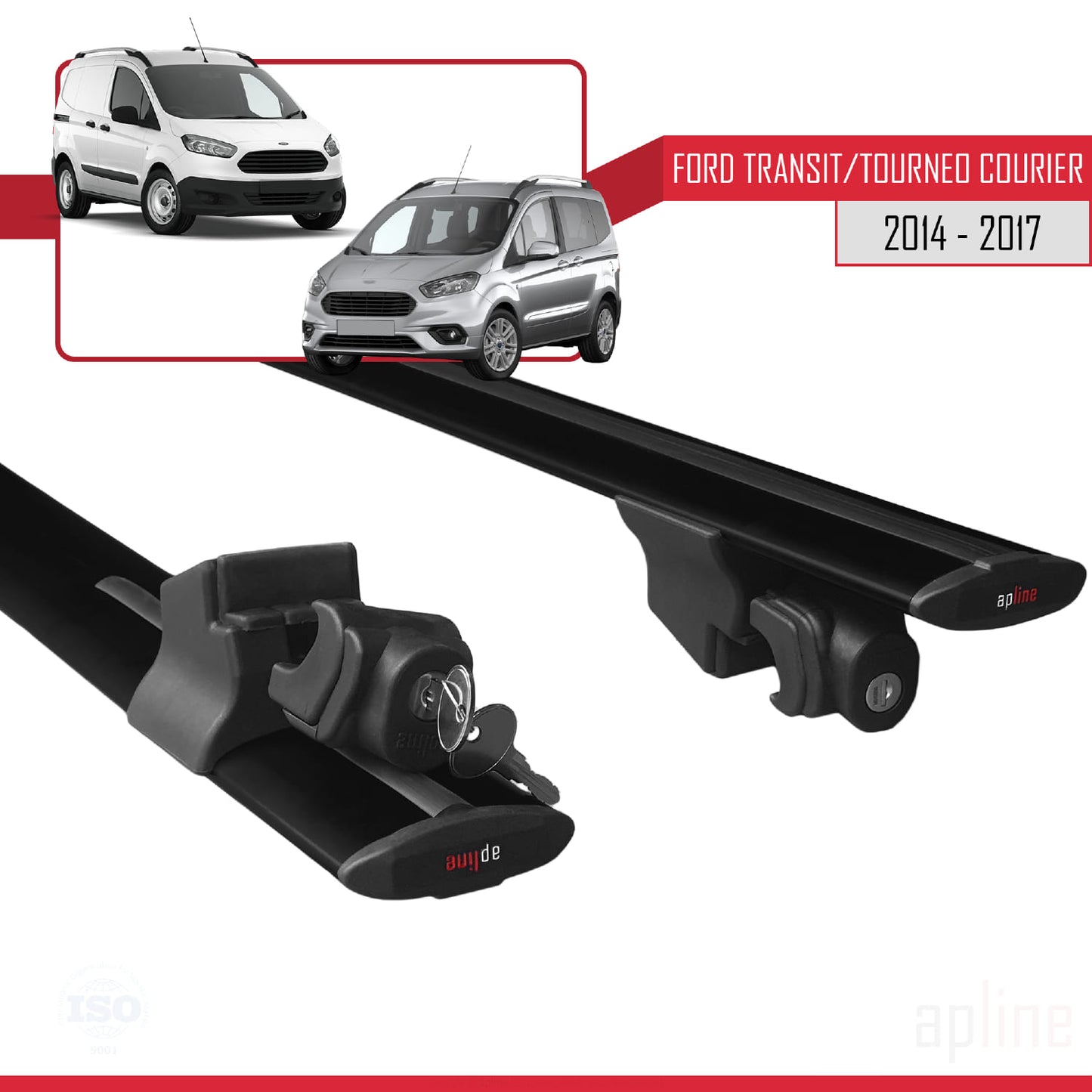 Kompatibel mit Ford Transit/Tourneo Courier Vor-Facelift 2014-2017 HOOK Modell Dachgepäckträger, schwarzes Aluminium, 2 Stangen