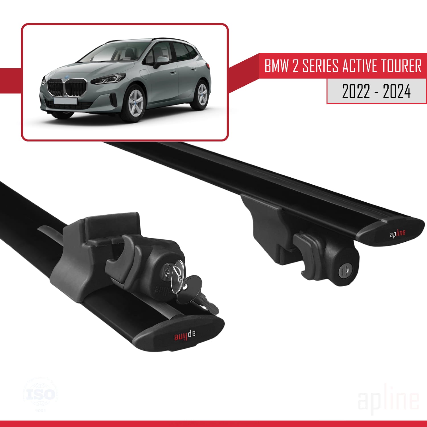 Compatible avec BMW 2 Series Active Tourer 2022-2024 HOOK Model Barres de Toit Railing Porte-Bagages de Voiture Noir Aluminium 2 Barres