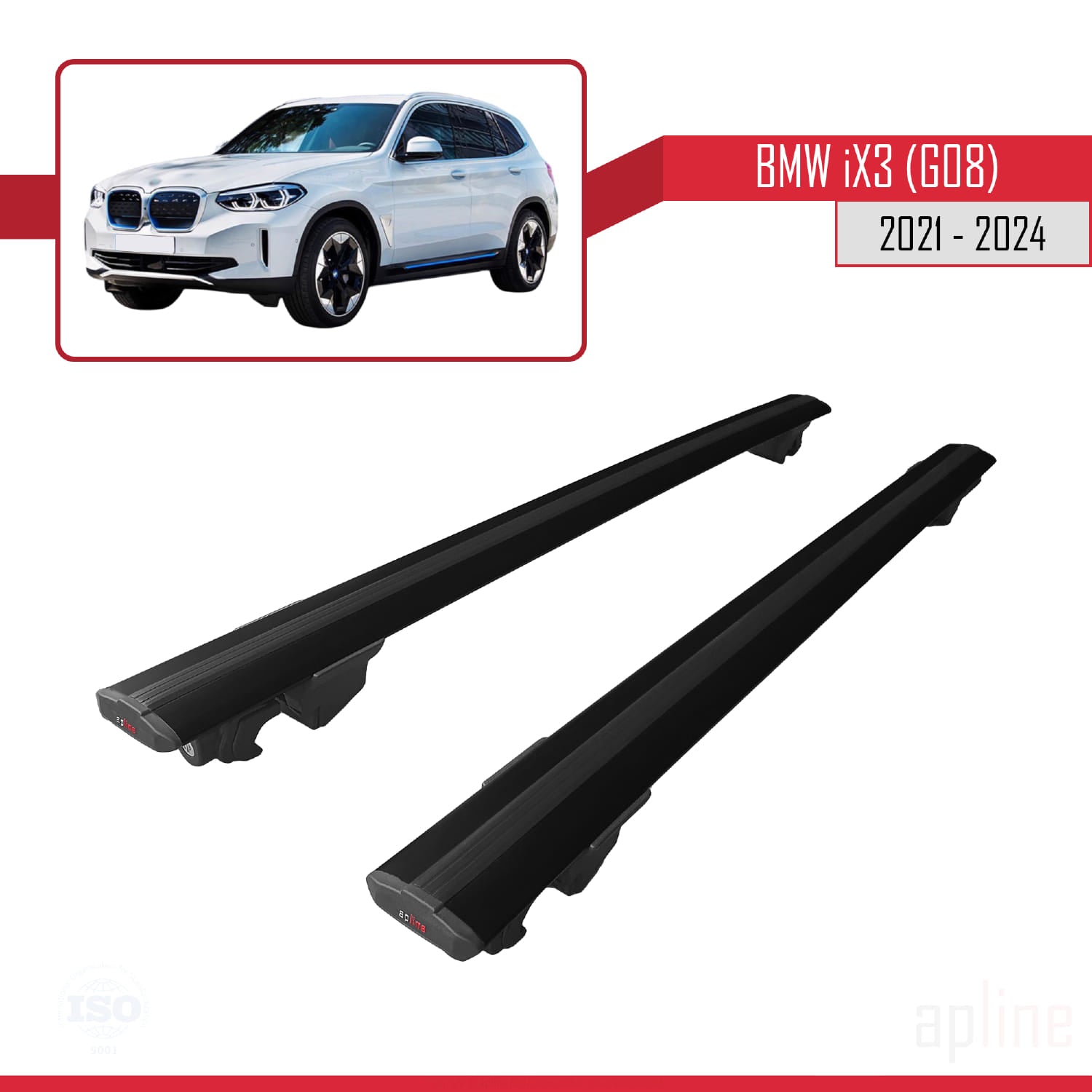 Compatible avec BMW iX3 G08 2021-2024 HOOK Model Barres de Toit Railing Porte-Bagages de Voiture Noir Aluminium 2 Barres