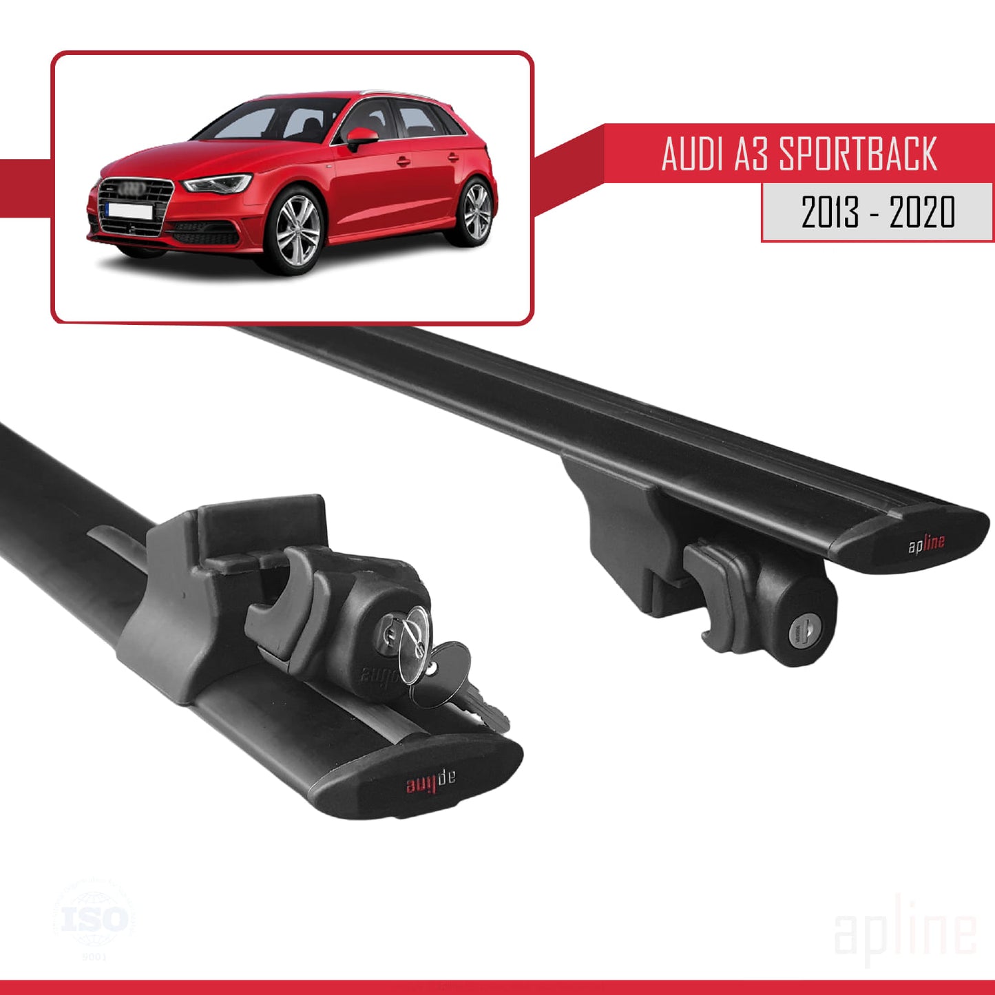 Compatible avec A3 (8V) Sportback 2013-2020 HOOK Model Barres de Toit Railing Porte-Bagages de Voiture Noir Aluminium 2 Barres