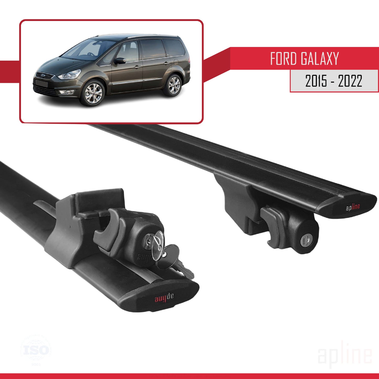 Compatible with Ford Galaxy 2 (CD390) 2015-2022 HOOK Model Car Roof Rack Cross Bar Black Aluminium 2 Bars