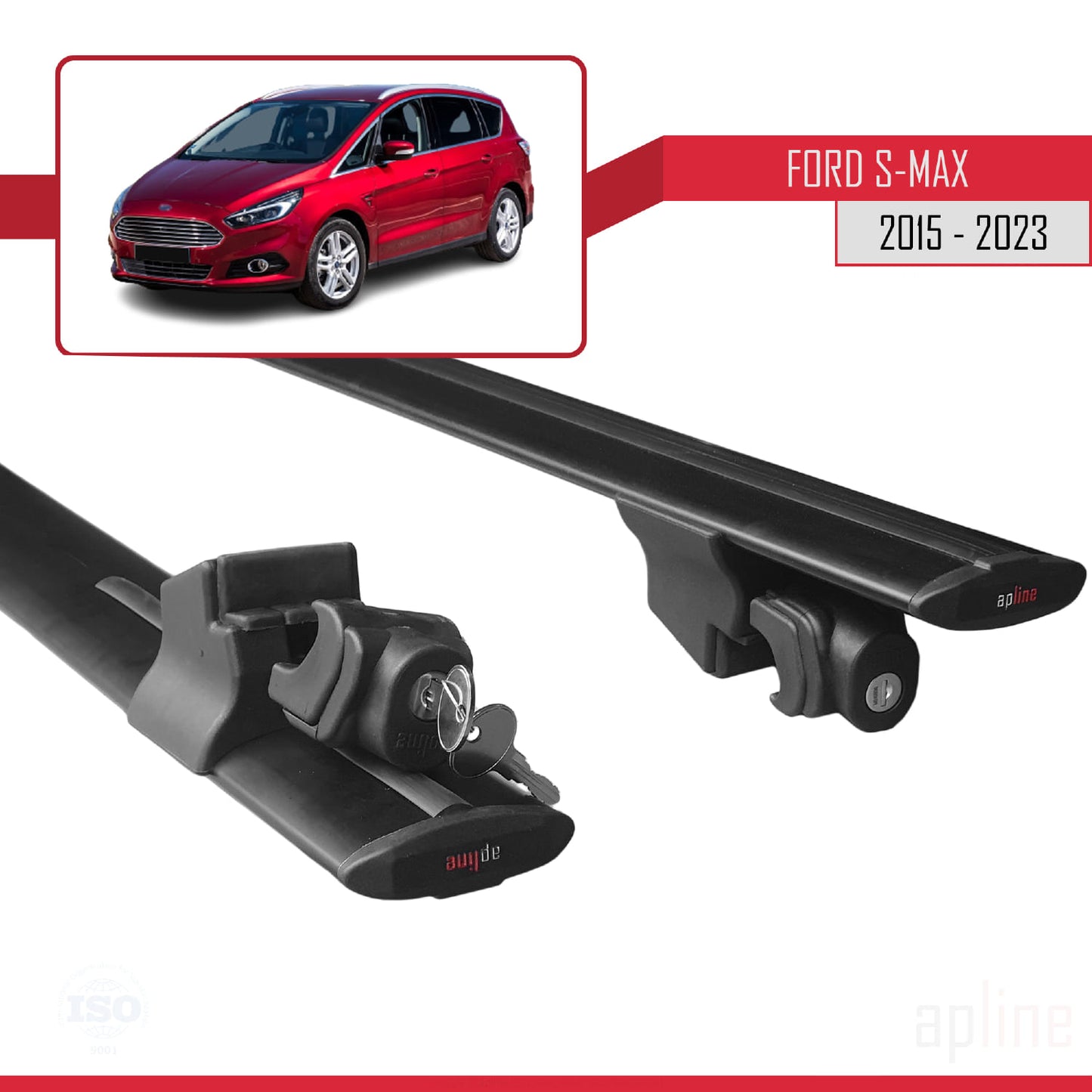 Compatible avec Ford S-Max 2 (CD539) 2015-2023 HOOK Model Barres de Toit Railing Porte-Bagages de Voiture Noir Aluminium 2 Barres