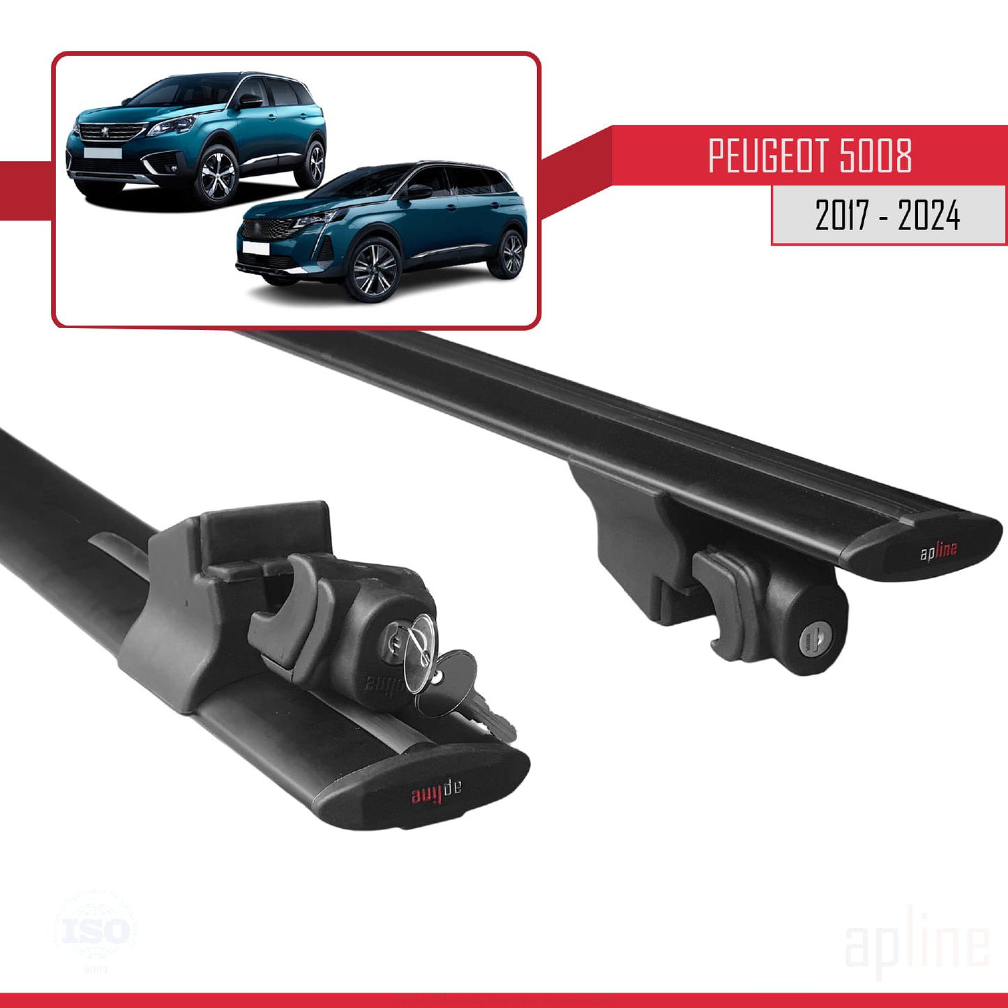 Compatible avec Peugeot 5008 II (P87) 2017-2024 HOOK Model Barres de Toit Railing Porte-Bagages de Voiture Noir Aluminium 2 Barres